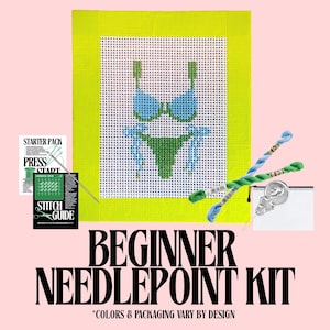 Puede incluir: Un kit de punto de aguja para principiantes con un diseño de bikini. El kit incluye un lienzo con un patrón de bikini azul y verde, hilo de bordar, una aguja y una guía de puntadas. Se muestra el texto "BEGINNER NEEDLEPOINT KIT".