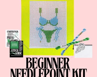 Pink Bow Needlepoint Beginner Kit: Hand Painted Needlepoint Canvas with Materials and Zipper Pouch
