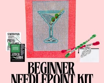Martini Cocktail Needlepoint Kit | Hand-Painted Mini Canvas, Beginner Friendly
