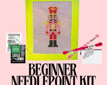 Pink Bow Needlepoint Beginner Kit: Hand Painted Needlepoint Canvas with Materials and Zipper Pouch