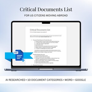 Peut inclure: Une liste de contrôle des documents essentiels pour les citoyens américains qui déménagent à l'étranger. La liste est divisée en 10 catégories, notamment l'identification personnelle, les dossiers familiaux, les dossiers médicaux et de santé, et les documents financiers. Le document est intitulé "Liste des documents essentiels pour les citoyens américains qui déménagent à l'étranger".