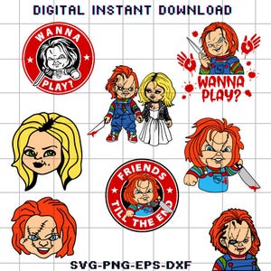 Könnte beinhalten: Digitaler Sofort-Download-Grafik mit mehreren Illustrationen einer Puppe mit roten Haaren und genähten Narben, die ein Messer hält. Der Satz "Wanna Play?" erscheint in roter Schrift. Weitere Grafiken enthalten den Satz "Friends Till The End".