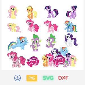 May include: A collection of colorful My Little Pony character illustrations. The image features various ponies in different poses, including Fluttershy, Applejack, Twilight Sparkle, and Pinkie Pie. Also included is Spike the dragon and the My Little Pony logo.