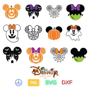 Könnte beinhalten: Eine Sammlung von Halloween-Grafiken mit Mickey Mouse-Ohren und -Schleifen, Kürbissen, Geistern und Spinnennetzen. Die Grafiken sind in Orange, Schwarz, Weiß und Grün gehalten. Das Wort "Disney" ist ebenfalls vorhanden.
