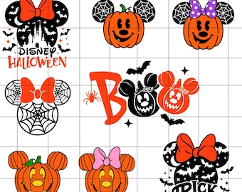 Pacchetto di file SVG di Halloween con testa di topo e zucca, pacchetto di file PNG di Topolino horror, file digitale di Halloween di Minnie, clipart di "Dolcetto o scherzetto", file SVG per Cricut