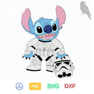 Puede incluir: Un personaje de dibujos animados azul con orejas grandes y una gran sonrisa que lleva un traje de stormtrooper blanco y sostiene un casco de stormtrooper.