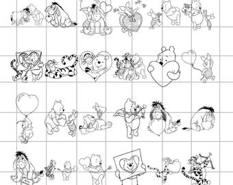 Cute Bear Outline Svg Bundle, Winnie Love Png Bundle, Pooh Digital File, Piglet And Tigger Clipart, Eeyore Svg For Cricut