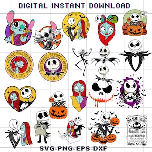 May include: A collection of digital download designs featuring characters and themes from "The Nightmare Before Christmas." Includes Jack Skellington, Sally, and Stitch, along with Halloween-themed elements like pumpkins and bats. The text "DIGITAL INSTANT DOWNLOAD" is at the top.