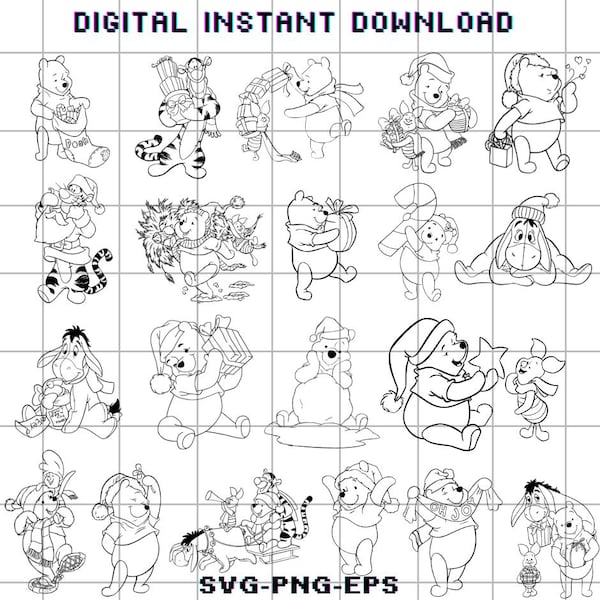 Pakiet do druku w formacie PNG SVG z konturem Kubusia Puchatka na Boże Narodzenie (pobieranie cyfrowe)