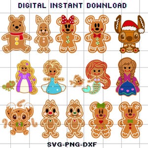Puede incluir: Descarga digital de varios diseños de galletas de jengibre. La imagen presenta galletas de jengibre con forma de personajes de dibujos animados, incluyendo Winnie the Pooh, Mickey y Minnie Mouse, y princesas de Disney. Se muestra el texto "DIGITAL INSTANT DOWNLOAD" y "SVG-PNG-DXF".