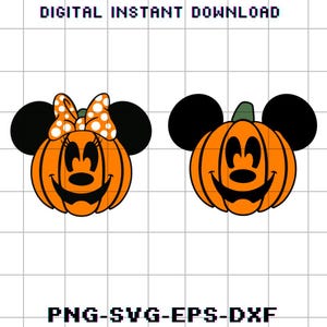 May include: Digital download featuring two orange pumpkin designs with black mouse ears and smiling faces. One pumpkin has a polka dot bow. Text at the top reads "DIGITAL INSTANT DOWNLOAD" and at the bottom "PNG-SVG-EPS-DXF".