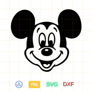 May include: Black and white silhouette of Mickey Mouse's face with large, round eyes and a wide smile.