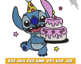 Happy Birthday Embroidery Design – Stitch Cake Party, Famous Character, 4 Sizes Included, Digital Machine Embroidery File