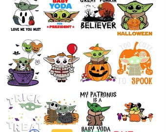 Pacchetto SVG di Halloween di Baby Yoda, pacchetto PNG di zucca di Star Wars, clipart di zucca carina, dolcetto o scherzetto, SVG per Cricut