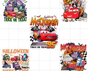 Puede incluir: Diseños gráficos con temática de Halloween con Rayo McQueen y otros personajes de Cars. Los diseños incluyen texto como "Trick or Treat" y elementos espeluznantes como murciélagos y calabazas.