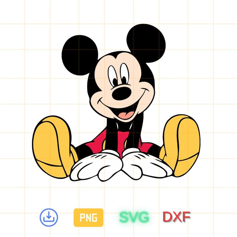 May include: A cartoon illustration of Mickey Mouse sitting with his legs crossed and his hands in his lap. He is wearing red shorts and yellow shoes. Mickey Mouse is smiling and has large, black ears.