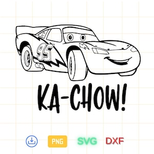 May include: Black and white line art illustration of a cartoon race car with the number 95 on the side and the text "KA-CHOW!" underneath.
