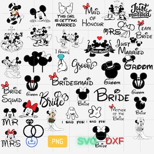 Puede incluir: Una colección de gráficos de boda con el tema de Mickey y Minnie Mouse en blanco y negro. Incluye texto como "Novia", "Novio", "Recién casados" y "Dama de honor", junto con ilustraciones de Mickey y Minnie Mouse y lazos.