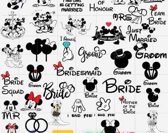 Pacchetto di SVG per la sposa di Topolino e Minnie, Festa di nozze, Topolino e Minnie con nome personalizzato per matrimonio SVG PNG, Sposa e sposo Topolino e Minnie