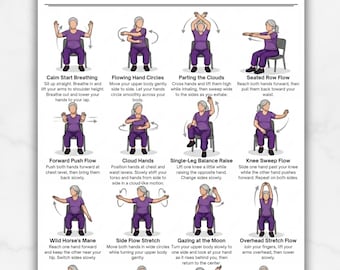 May include: A printable poster titled "Chair Tai Chi Exercises For Senior Women." The poster features illustrated exercises with instructions, including Calm Start Breathing, Flowing Hand Circles, and Overhead Stretch Flow. The poster is designed for instant download.