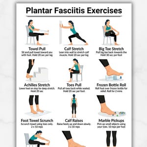 May include: A printable poster detailing plantar fasciitis exercises. The poster features illustrations and instructions for stretches, including towel pulls, calf stretches, and toe lifts. The text at the top reads "A4 & US LETTER SIZE | INSTANT DOWNLOAD".