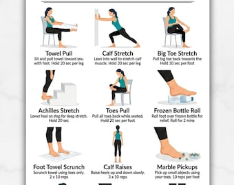 May include: A printable poster with exercises for plantar fasciitis. The poster includes illustrations and instructions for stretches like towel pulls, calf stretches, and toe lifts. Text at the top reads "A4 & US LETTER SIZE | INSTANT DOWNLOAD".