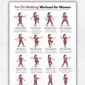以下が含まれることがあります： 女性向けの太極拳ウォーキングエクササイズの印刷可能なワークアウトガイド。ガイドには、Cloud Hand Walk、Crane Knee Lift、Flowing Arm Circlesなど、さまざまなポーズのイラストと指示が記載されています。上部のテキストは「A4 & US LETTER SIZE | INSTANT DOWNLOAD」と表示されています。