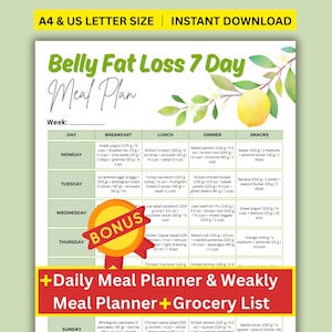 Belly Fat Loss 7 Day Meal Plan Printable PDF, Belly Fat Burning Food Ideas List, Flat Stomach Diet Chart, Fat Loss Grocery List
