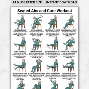 May include: A black and white printable workout guide titled "Seated Abs and Core Workout." The guide features illustrations of exercises like seated marching, windmills, knee-to-chest, Russian twists, leg circles, side bends, double leg lifts, and bicycle crunches.