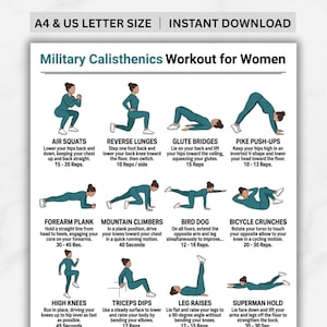 May include: A white and green workout guide titled "Military Calisthenics Workout for Women" with exercise illustrations and instructions. Exercises include air squats, reverse lunges, glute bridges, and pike push-ups. The guide is available for instant download.