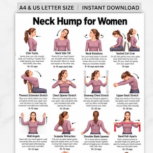 May include: An instructional chart titled Neck Hump for Women featuring twelve illustrations of a person in a mauve long-sleeve shirt demonstrating exercises like chin tucks, neck rotations, and chest stretches with text instructions and repetition counts.