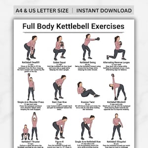 Op de afbeelding: Een witte, afdrukbare oefenkaart met illustraties van full-body kettlebell-oefeningen. De kaart bevat oefeningen zoals deadlifts, squats, swings, lunges en rows, met instructies en herhalingsaantallen. De tekst "A4 & US LETTER SIZE | INSTANT DOWNLOAD" staat bovenaan.