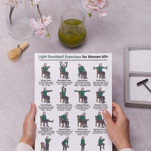 May include: A printed exercise guide titled "Light Dumbbell Exercises for Women 60+" is held by a person. The guide features illustrations of various dumbbell exercises, including bicep curls, shoulder press, and calf raises. A glass of green liquid and pink flowers are in the background.