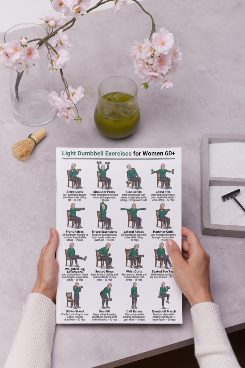May include: A printed exercise guide titled "Light Dumbbell Exercises for Women 60+" is held by a person. The guide features illustrations of various dumbbell exercises, including bicep curls, shoulder press, and calf raises. A glass of green liquid and pink flowers are in the background.