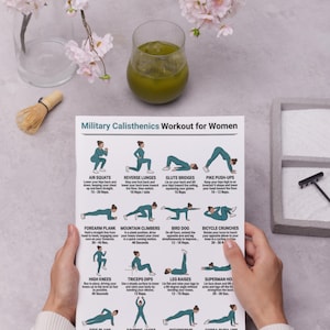 May include: A printed workout guide titled "Military Calisthenics Workout for Women" featuring illustrated exercise instructions. The guide includes exercises like air squats, reverse lunges, and forearm planks. A glass of green liquid and pink flowers are in the background.