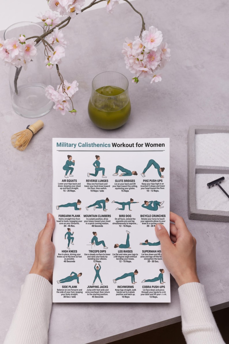 May include: A printed workout guide titled "Military Calisthenics Workout for Women" featuring illustrated exercise instructions. The guide includes exercises like air squats, reverse lunges, and forearm planks. A glass of green liquid and pink flowers are in the background.