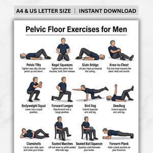 Pode incluir: Um cartaz branco com o texto "Exercícios para o assoalho pélvico para homens" e ilustrações de vários exercícios. Os exercícios incluem inclinações pélvicas, exercícios de Kegel, ponte de glúteos, joelho ao peito, agachamento com peso corporal, estocadas para a frente, cão pássaro, deadbug, clamshells, marchas sentadas, aperto de bola sentado e prancha de antebraço.