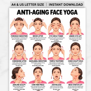 Może przedstawiać: Plakat instruktażowy zatytułowany ANTI-AGING FACE YOGA zawierający dwanaście ilustracji ćwiczeń twarzy. Każda sekcja zawiera opisową nazwę, instrukcje krok po kroku oraz liczbę powtórzeń dla ćwiczeń takich jak wygładzanie czoła i modelowanie linii szczęki.