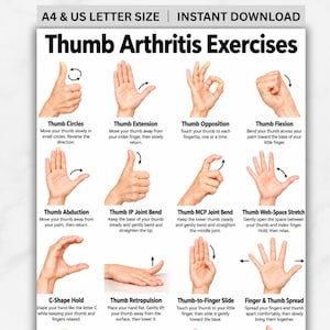 Puede incluir: Un cartel instructivo blanco titulado Thumb Arthritis Exercises que presenta doce fotografías en blanco y negro de manos demostrando movimientos específicos. Cada imagen incluye etiquetas de texto y flechas que indican el movimiento.