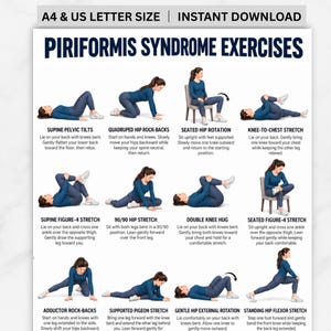 以下が含まれることがあります： Piriformis Syndrome Exercisesと題されたデジタルチャート。青いスポーツウェアを着た人物が骨盤の傾斜や股関節の回転など、様々なストレッチを行う12のイラストと、それぞれの動作に関するテキスト説明が記載されています。