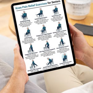 May include: A tablet displays "Knee Pain Relief Exercises for Seniors." The screen shows illustrated exercises, including seated marching, leg extensions, knee lifts, ankle pumps, inner thigh squeezes, heel and toe raises, calf raises, mini squats, side leg raises, hamstring stretches, and rest and breathe.