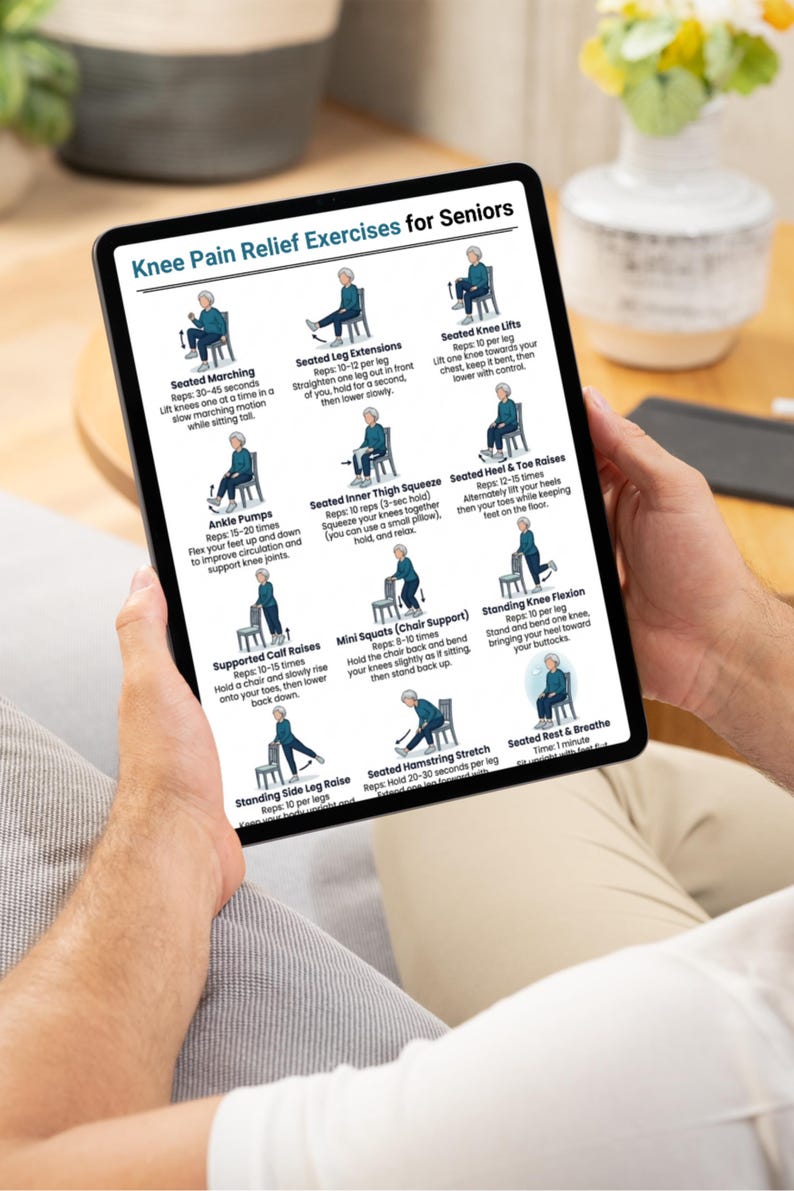 May include: A tablet displays "Knee Pain Relief Exercises for Seniors." The screen shows illustrated exercises, including seated marching, leg extensions, knee lifts, ankle pumps, inner thigh squeezes, heel and toe raises, calf raises, mini squats, side leg raises, hamstring stretches, and rest and breathe.