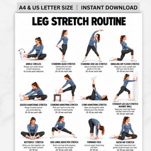 Könnte beinhalten: Ein weißes Lehrplakat mit dem Titel LEG STRETCH ROUTINE zeigt zwölf Illustrationen einer Person in blauem Langarmshirt und schwarzer Leggings, die verschiedene Dehnübungen mit schriftlichen Anleitungen ausführt.