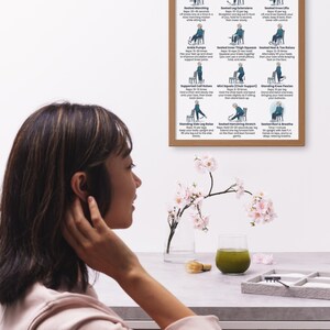May include: A framed poster titled "Knee Pain Relief Exercises for Seniors" displays illustrated exercises. A woman is seen in profile, with a table in the foreground holding a glass of green liquid, a small brush, and a tray with items.