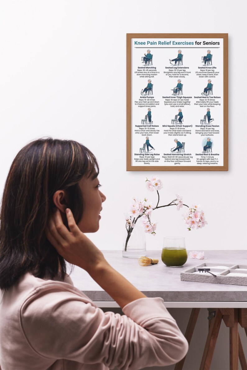 May include: A framed poster titled "Knee Pain Relief Exercises for Seniors" displays illustrated exercises. A woman is seen in profile, with a table in the foreground holding a glass of green liquid, a small brush, and a tray with items.