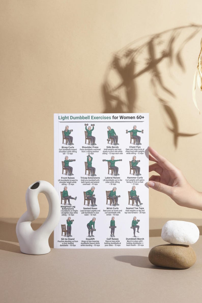 May include: A white ceramic sculpture with a curved design and a poster titled "Light Dumbbell Exercises for Women 60+". The poster displays various exercises with illustrations. A hand is visible near the poster.