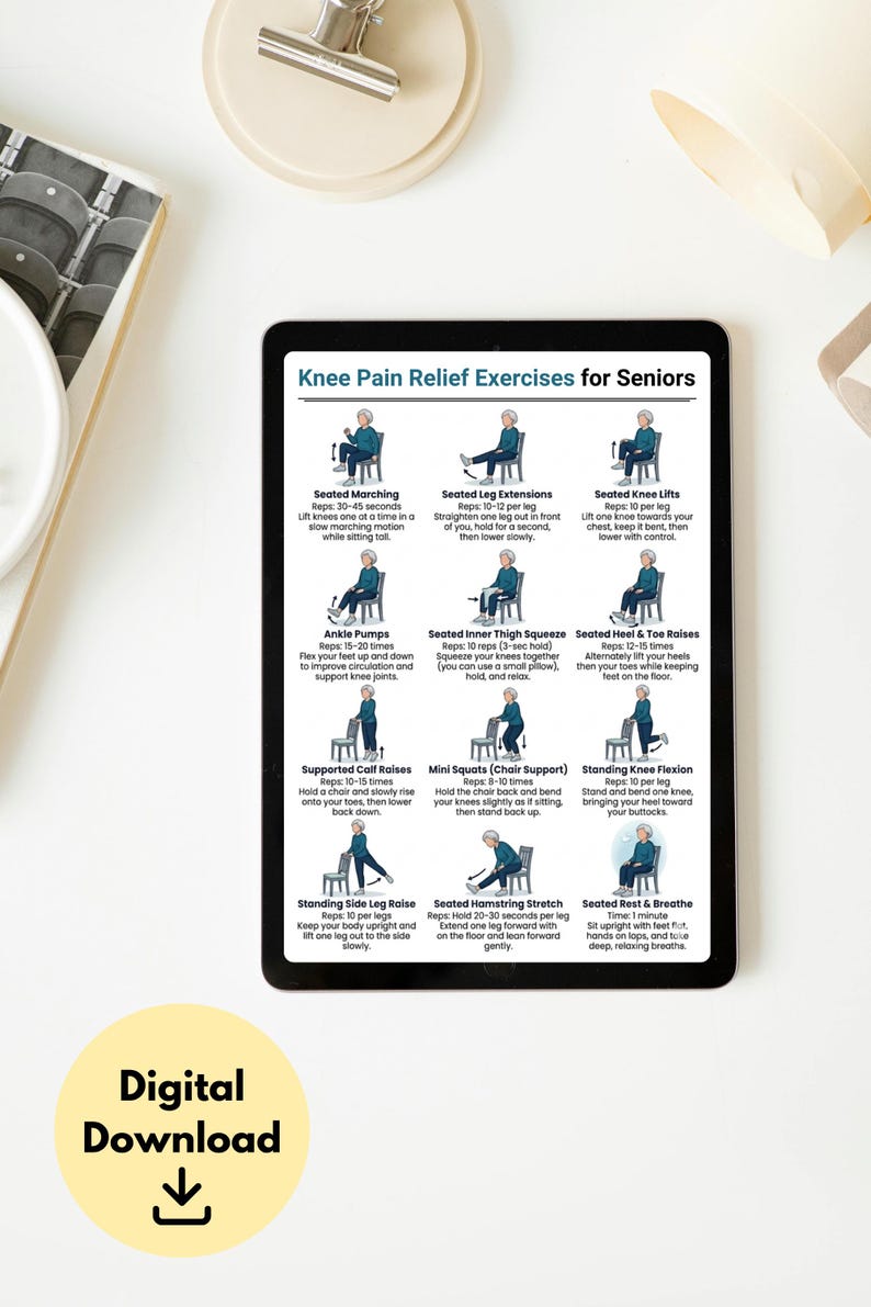 May include: A digital download graphic titled "Knee Pain Relief Exercises for Seniors" on a tablet. The exercises are illustrated with stick figures and include seated marching, leg extensions, and knee lifts. A yellow circle with "Digital Download" text is at the bottom.