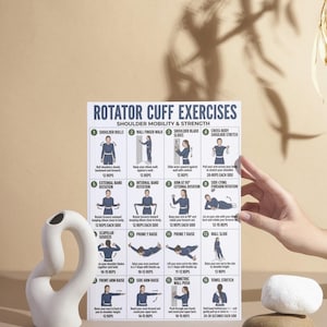 May include: A white poster titled "Rotator Cuff Exercises" with illustrations of shoulder mobility and strength exercises. A white ceramic vase and two stacked stones are in the foreground.