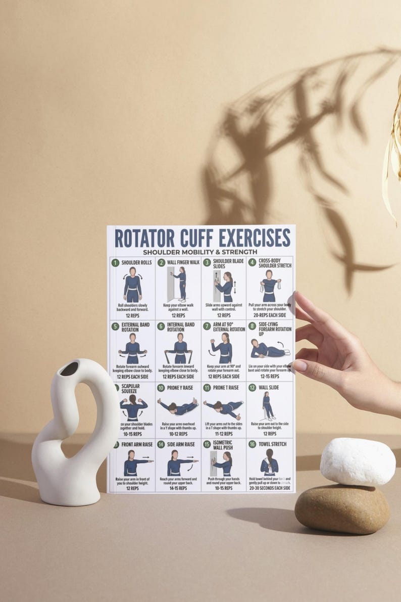 May include: A white poster titled "Rotator Cuff Exercises" with illustrations of shoulder mobility and strength exercises. A white ceramic vase and two stacked stones are in the foreground.