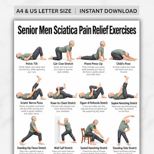 Senior Men Sciatica Pain Relief Exercises Printable, Lower Back Pain Yoga Exercises PDF, Painful Back Wokout Chart, Sciatic Nerve Stretches